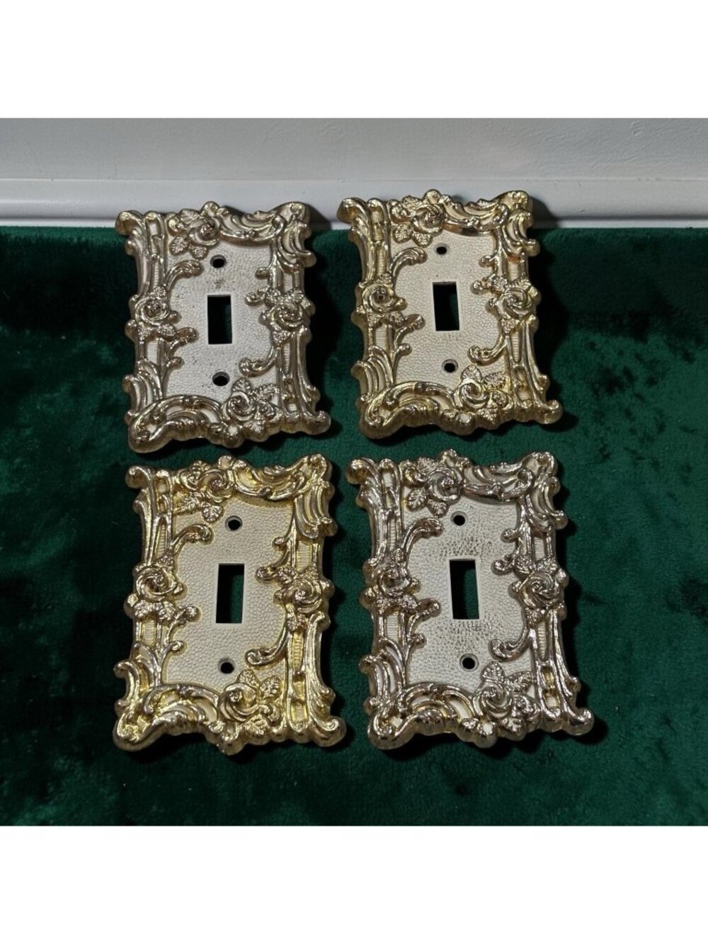 4 Vintage Mid Cent Lightswitch Covers 1950s Ornate Roses White & Gold Tone Brass